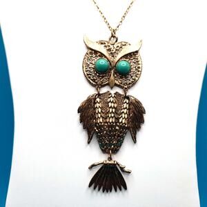 Vintage Articulated Owl Necklace, Green Cabochon Eyes, 1960s 1970s Jewelry